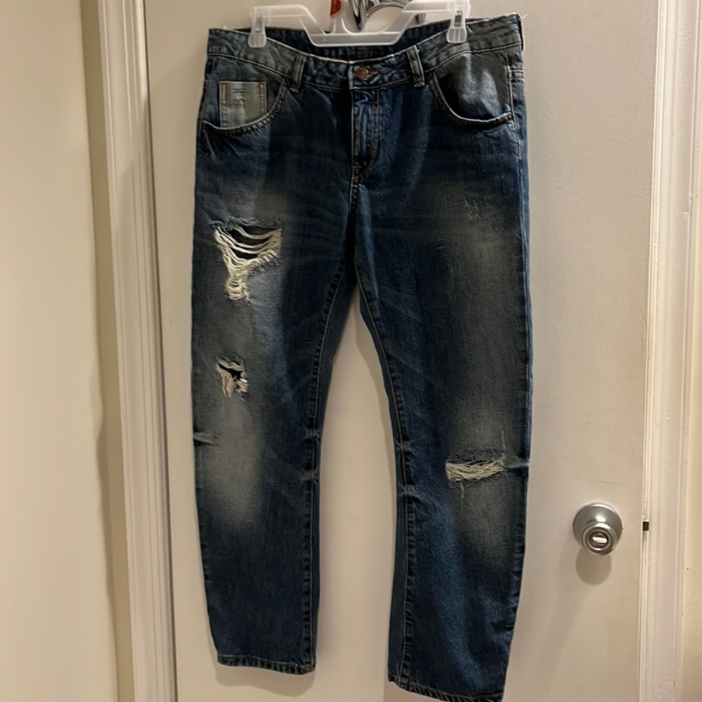 ZARA Z1975 Denim Distressed Boyfriend Fit Jeans Destroyed Salvage Size 8